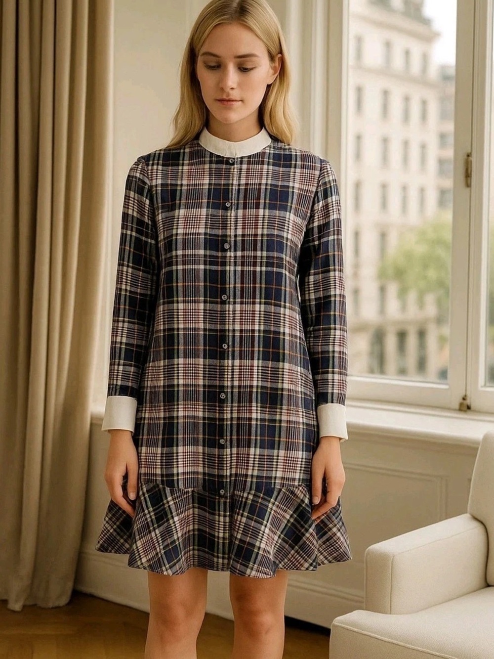 Tory Burch Silk Plaid Ruffle Hem Dress
